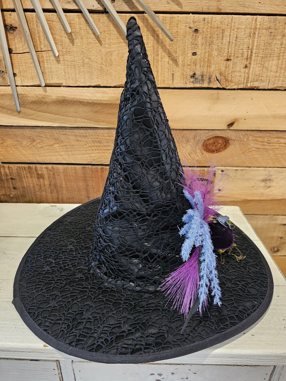 Custom Black Cobweb Lace Witch Hat w/Frogs & Moss, Black Lipstick & Arm Warmers - Picture 12 of 15